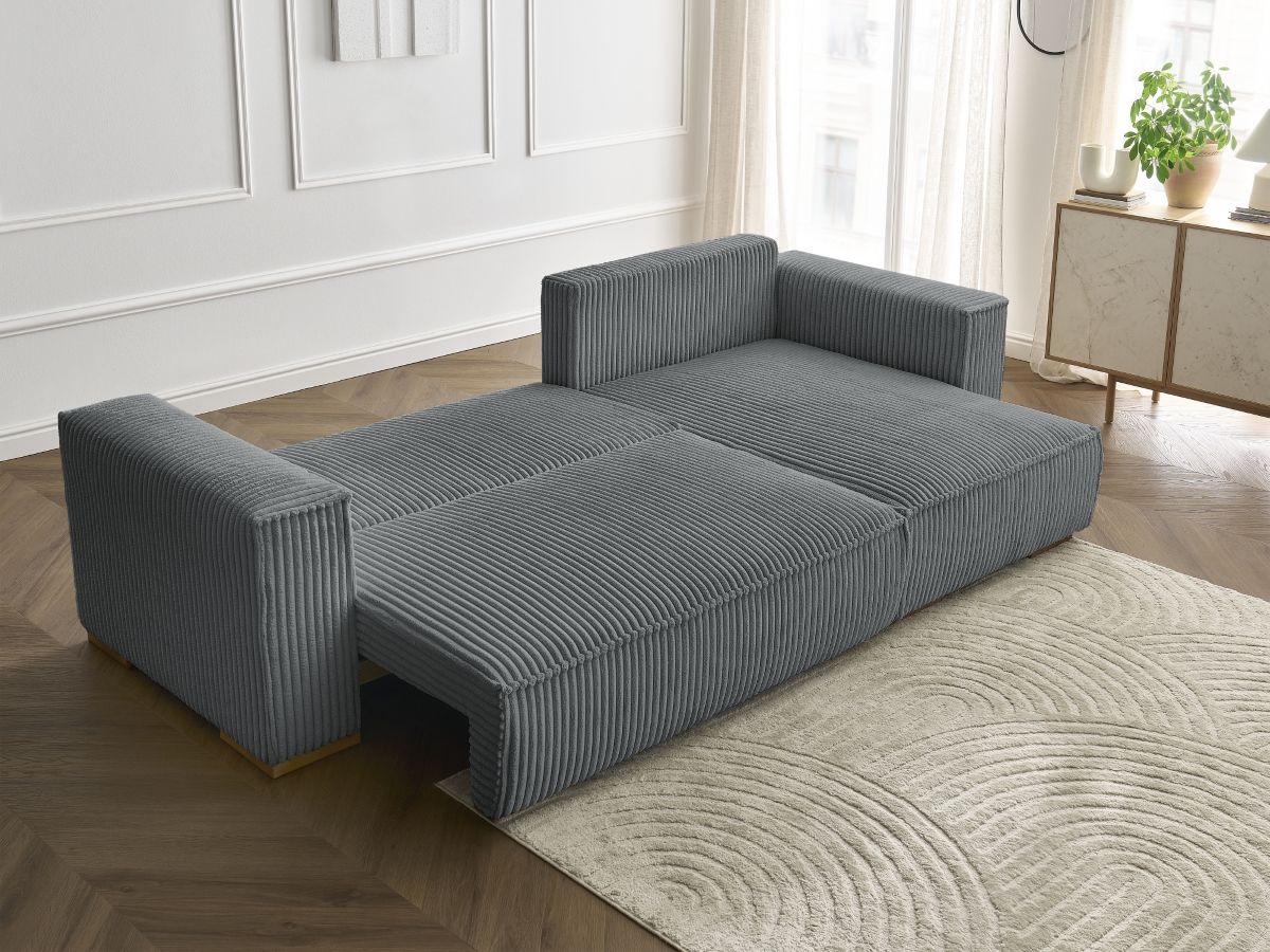 Bobochic Chelsea Ecksofa mit Schlaffunktion und Bettkasten Breitcord weich Dunkelgrau