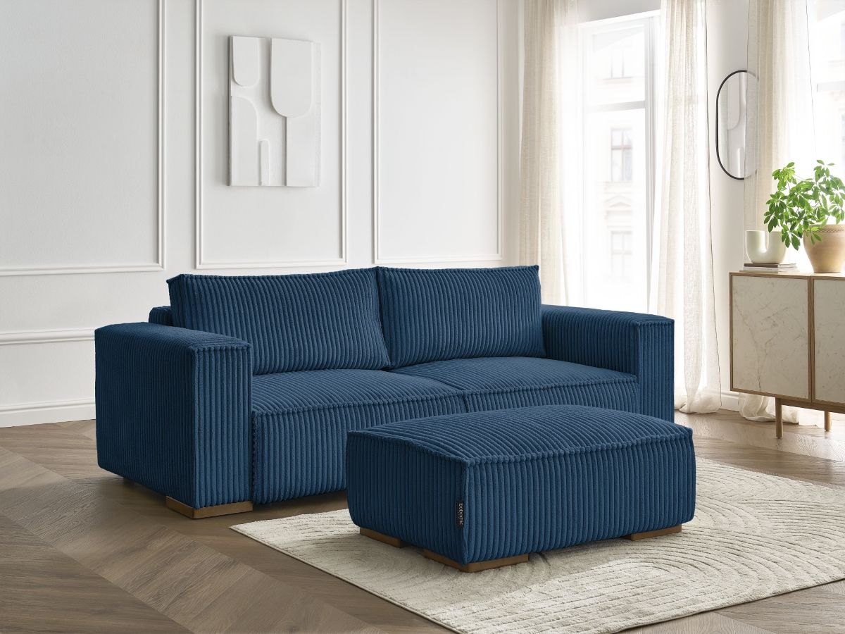 Bobochic Chelsea Schlafsofa 4-Sitzer mit Bettkasten und Pouf Breitcord weich Dunkelblau