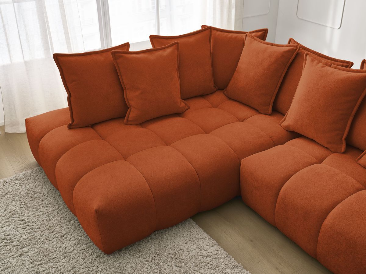 Bobochic Everest Ecksofa mit Schlaffunktion und Bettkasten 320 × 212 cm, 10 Kissen Strukturstoff Orange Ecke links