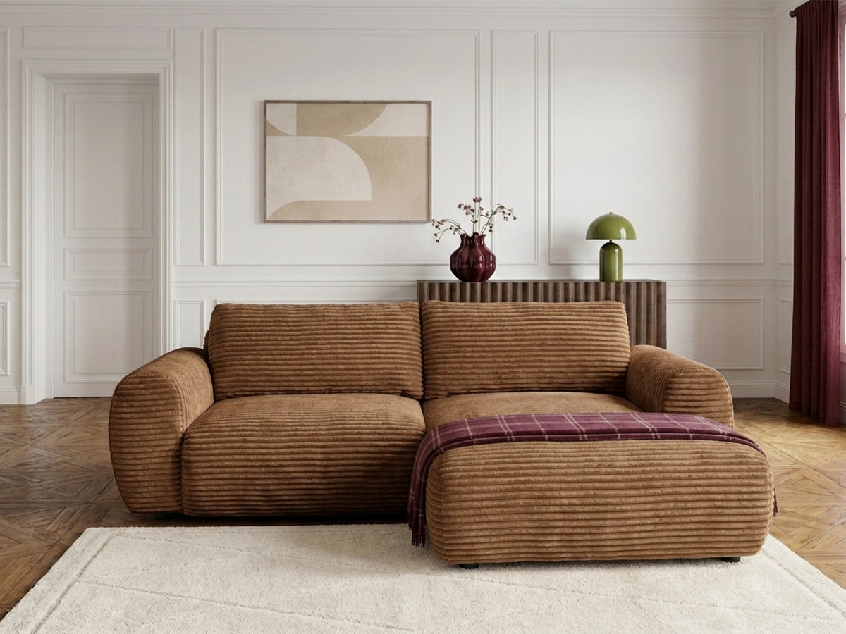 Bobochic Lucien Ecksofa mit Schlaffunktion und Bettkasten Breitcord weich Gelb Ecke rechts