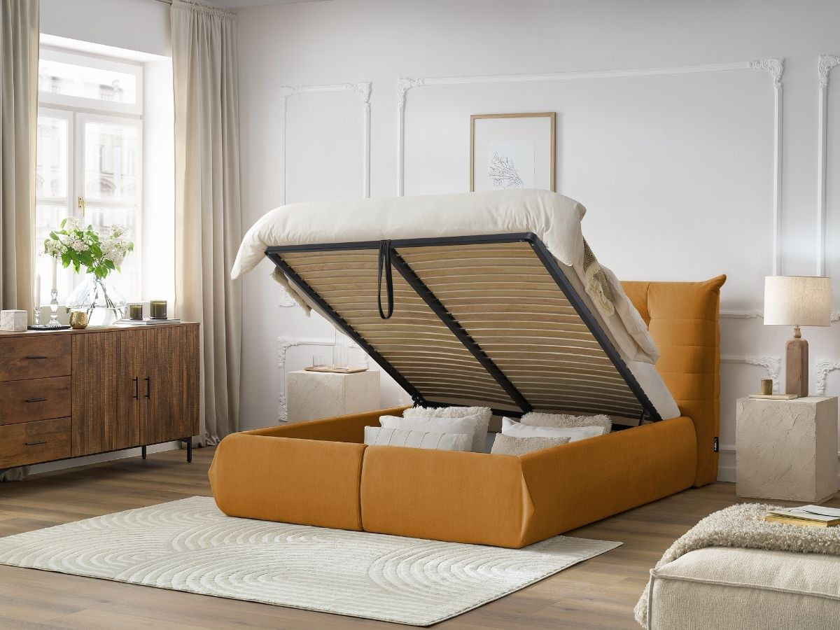 Bobochic Clothilde Polsterbett mit Bettkasten Samt Orange, Liegefläche 140 × 190 cm