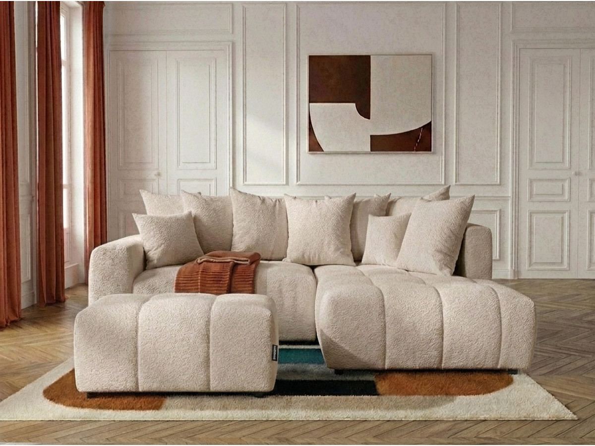 Bobochic Roxelane Ecksofa mit Schlaffunktion und Bettkasten und Pouf Bouclé-Stoff Beige Ecke rechts