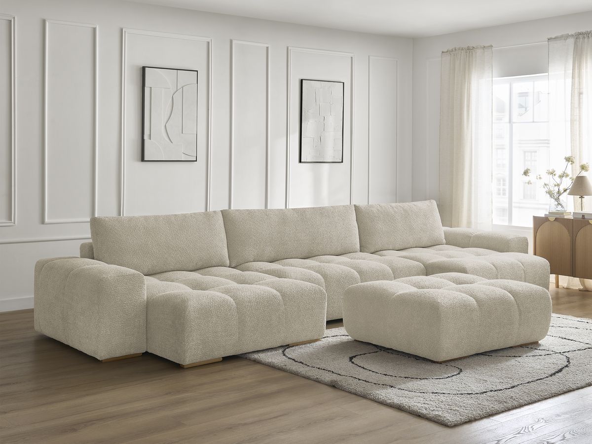 Bobochic Anakin Wohnlandschaft mit Pouf, 3 Kissen Bouclé-Stoff Beige