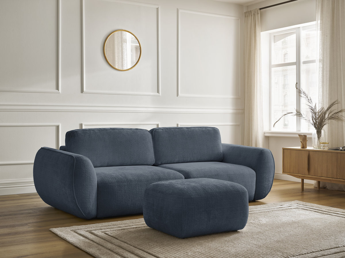 Bobochic Denise Schlafsofa 3-Sitzer mit Bettkasten und Pouf Strukturstoff Dunkelblau
