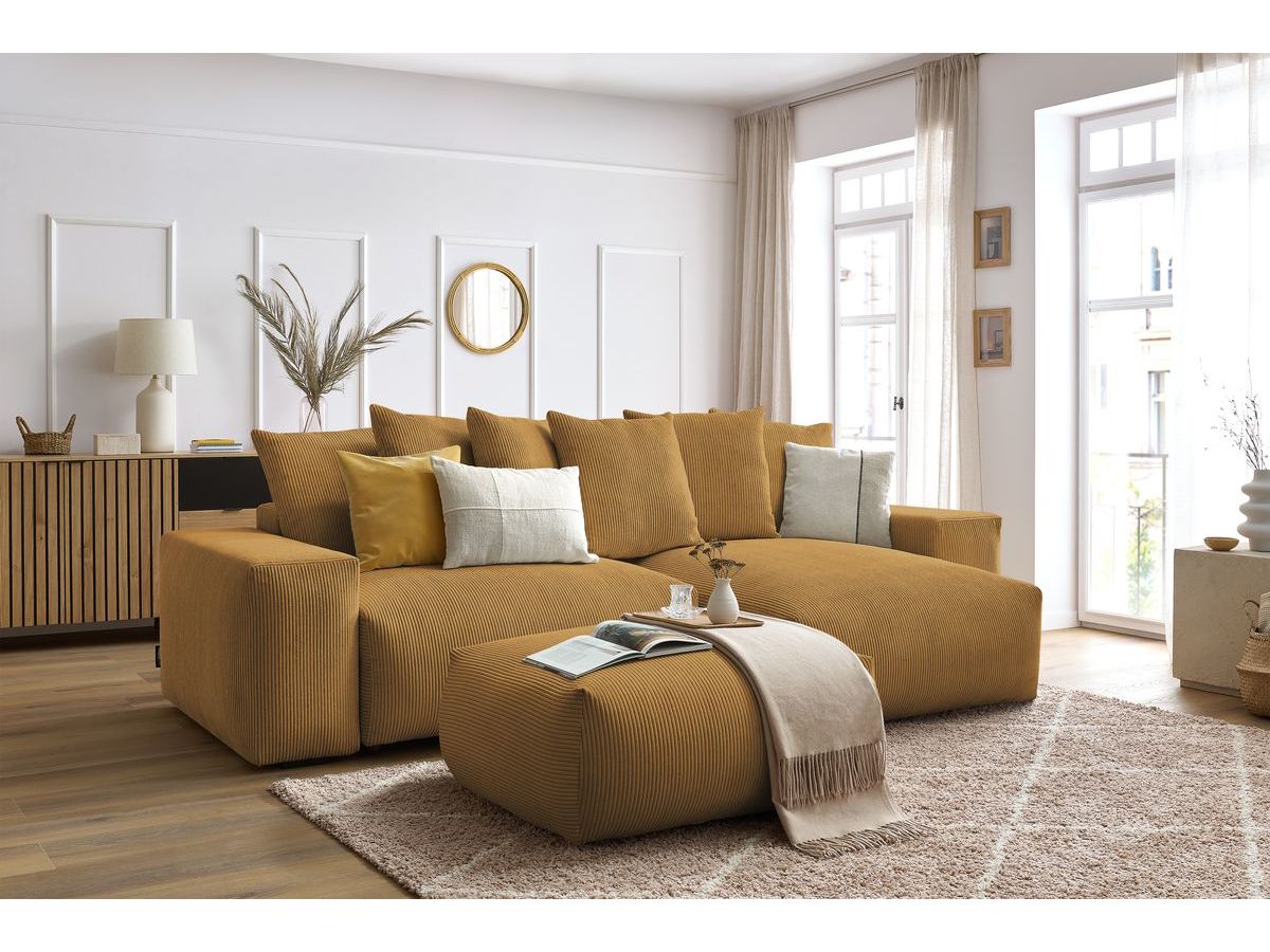 Bobochic Voltaire Ecksofa mit Schlaffunktion und Bettkasten und Pouf Cordsamt Gelb