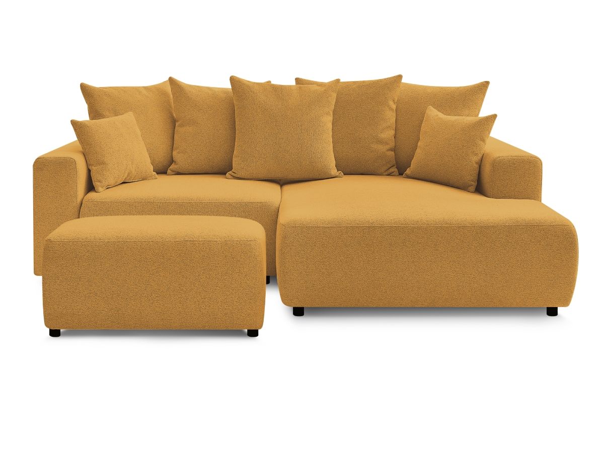 Bobochic Atilla Ecksofa mit Schlaffunktion und Bettkasten und Pouf Melange-Stoff Gelb Ecke rechts