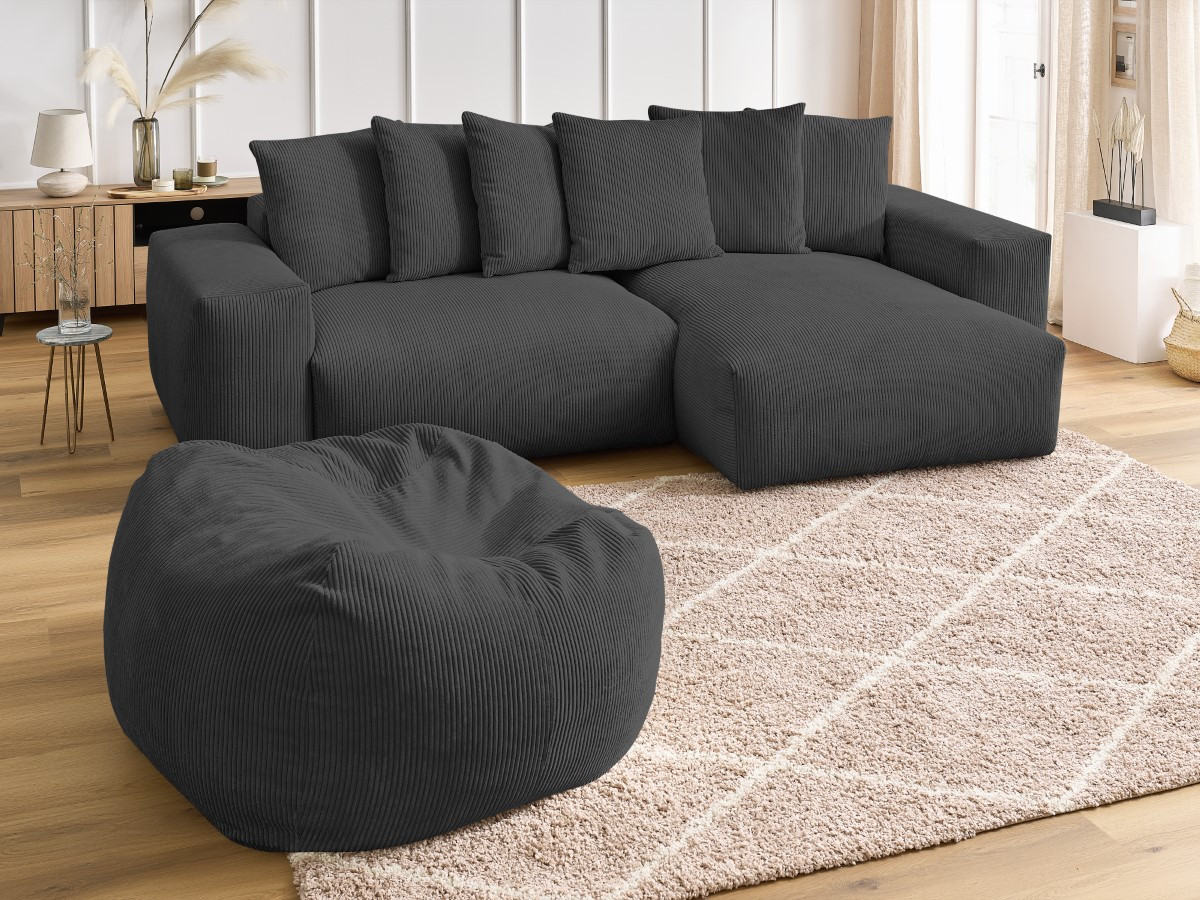 Bobochic Voltaire Ecksofa mit Pouf 310 × 174 cm Cordsamt Dunkelgrau