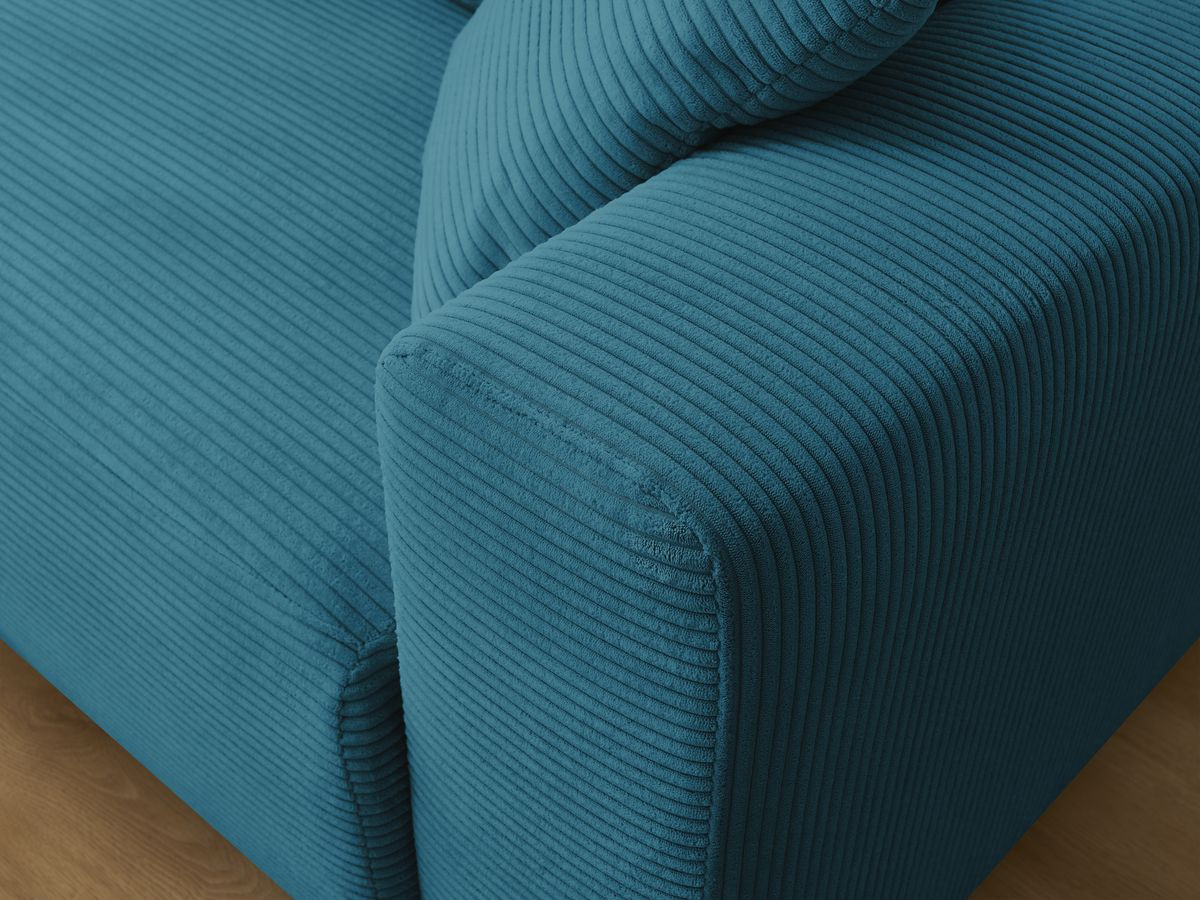 Bobochic Atilla Ecksofa mit Schlaffunktion und Bettkasten und Pouf Cordsamt Hellblau Ecke links