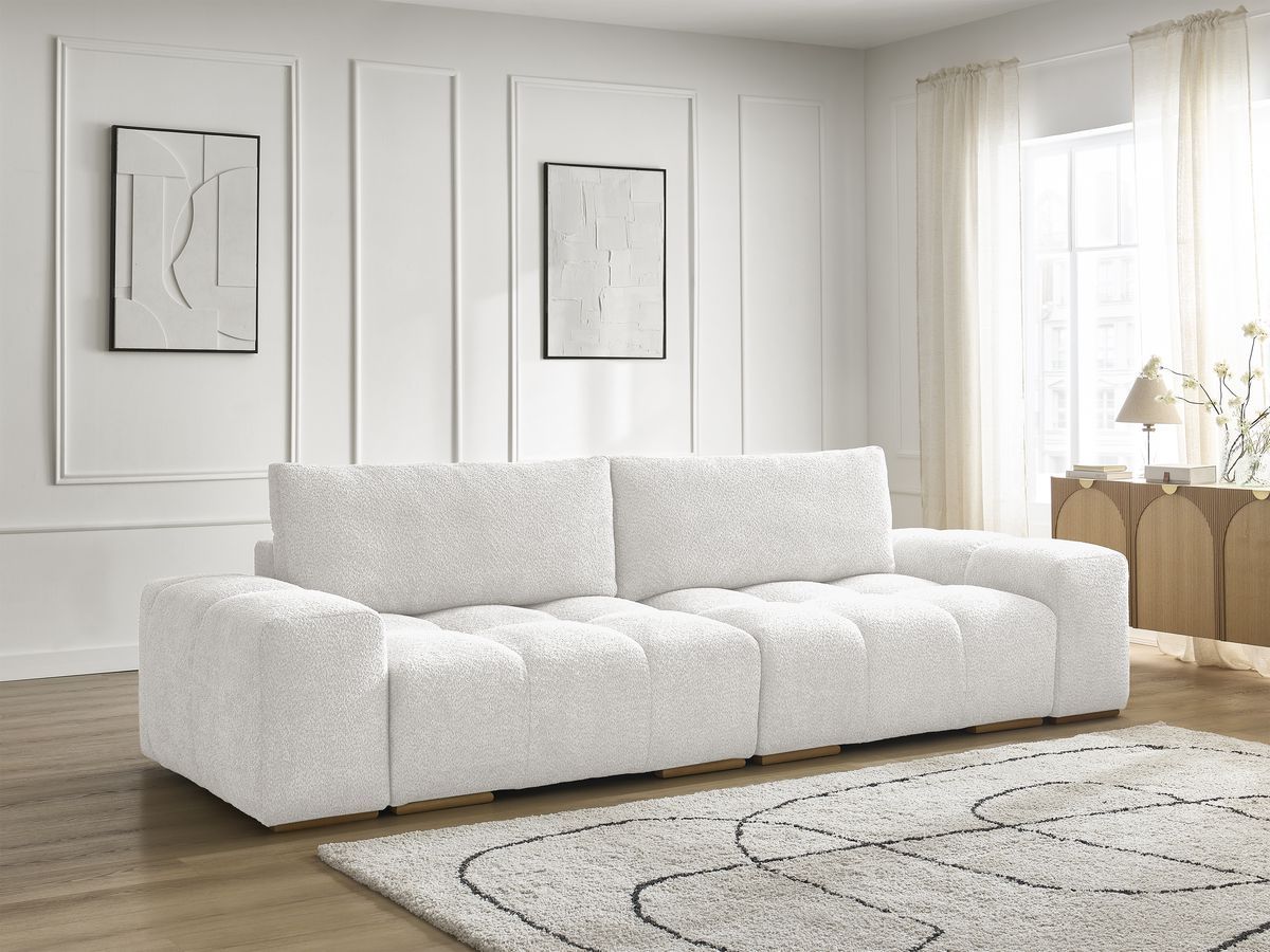 Bobochic Anakin Schlafsofa 3-Sitzer mit Bettkasten, 2 Kissen Bouclé-Stoff Weiß