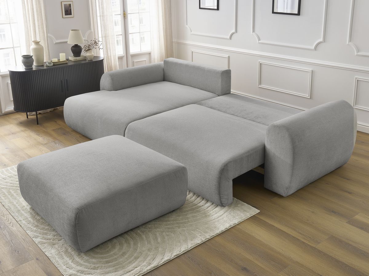 Bobochic Lucien Ecksofa mit Schlaffunktion und Bettkasten und Pouf 314 × 167 cm Stoff Hellgrau Ecke links