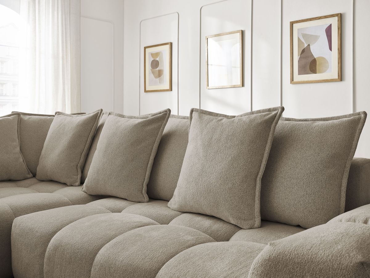 Bobochic Everest Ecksofa mit Schlaffunktion und Bettkasten 320 × 212 cm, 10 Kissen Melange-Stoff Taupe Ecke links