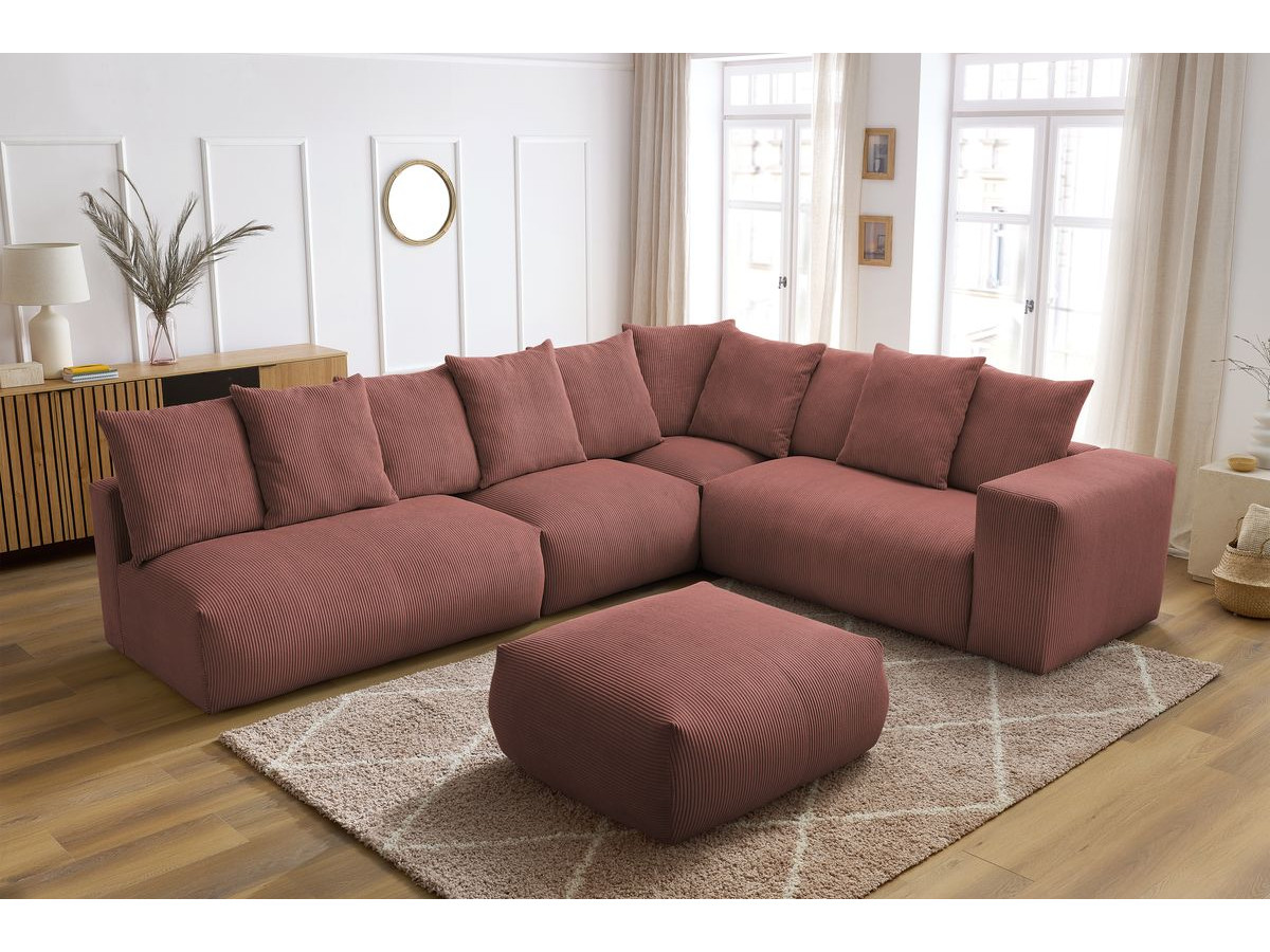 Bobochic Voltaire Ecksofa mit Pouf 322 × 268 cm Cordsamt Rosa Ecke rechts
