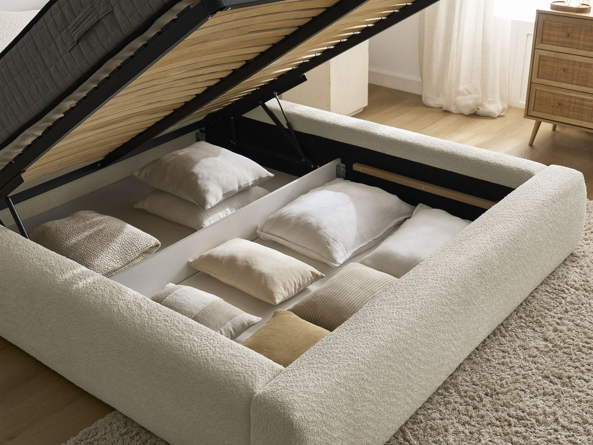 Bobochic Orlane Polsterbett mit Bettkasten Bouclé-Stoff Beige, Liegefläche 140 × 190 cm