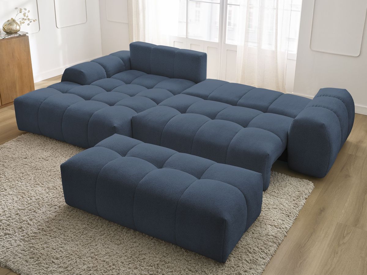 Bobochic Everest Ecksofa mit Schlaffunktion und Bettkasten und Pouf 318 × 180 cm, 3 Kissen Melange-Stoff Dunkelblau Ecke links