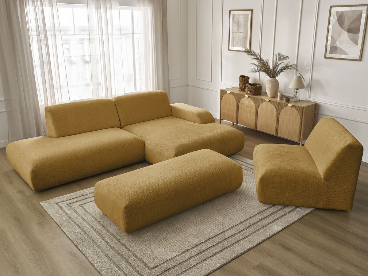 Bobochic Sirius Ecksofa mit Pouf 405 × 170 cm Strukturstoff Gelb Ecke rechts