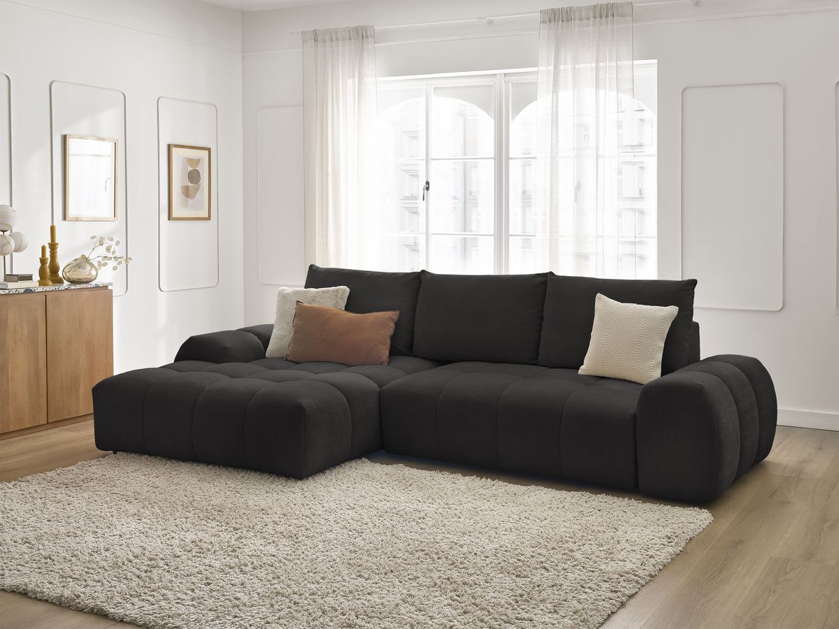 Bobochic Everest Ecksofa mit Schlaffunktion und Bettkasten 318 × 180 cm, 3 Kissen Strukturstoff Schwarz Ecke links