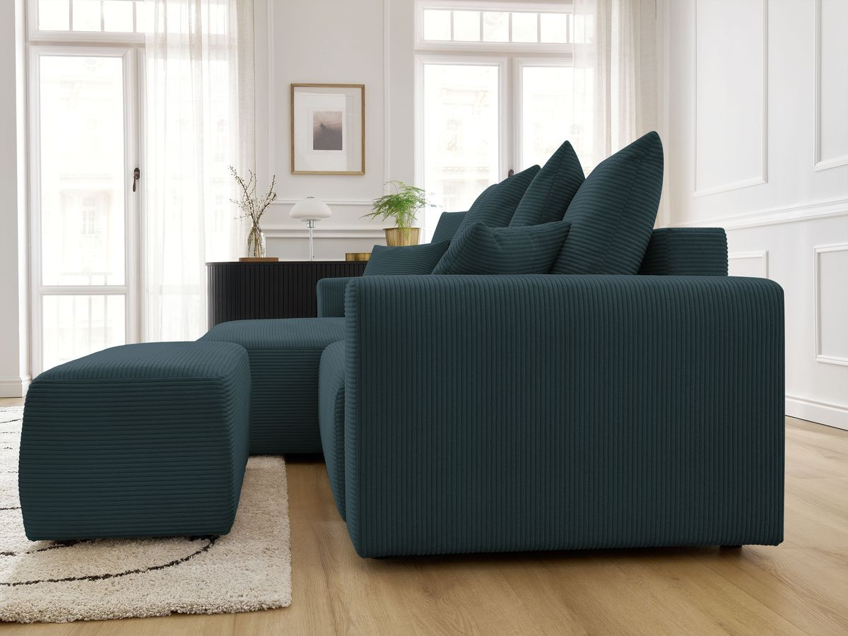 Bobochic Atilla Ecksofa mit Schlaffunktion und Bettkasten und Pouf Cordsamt Dunkelblau Ecke links