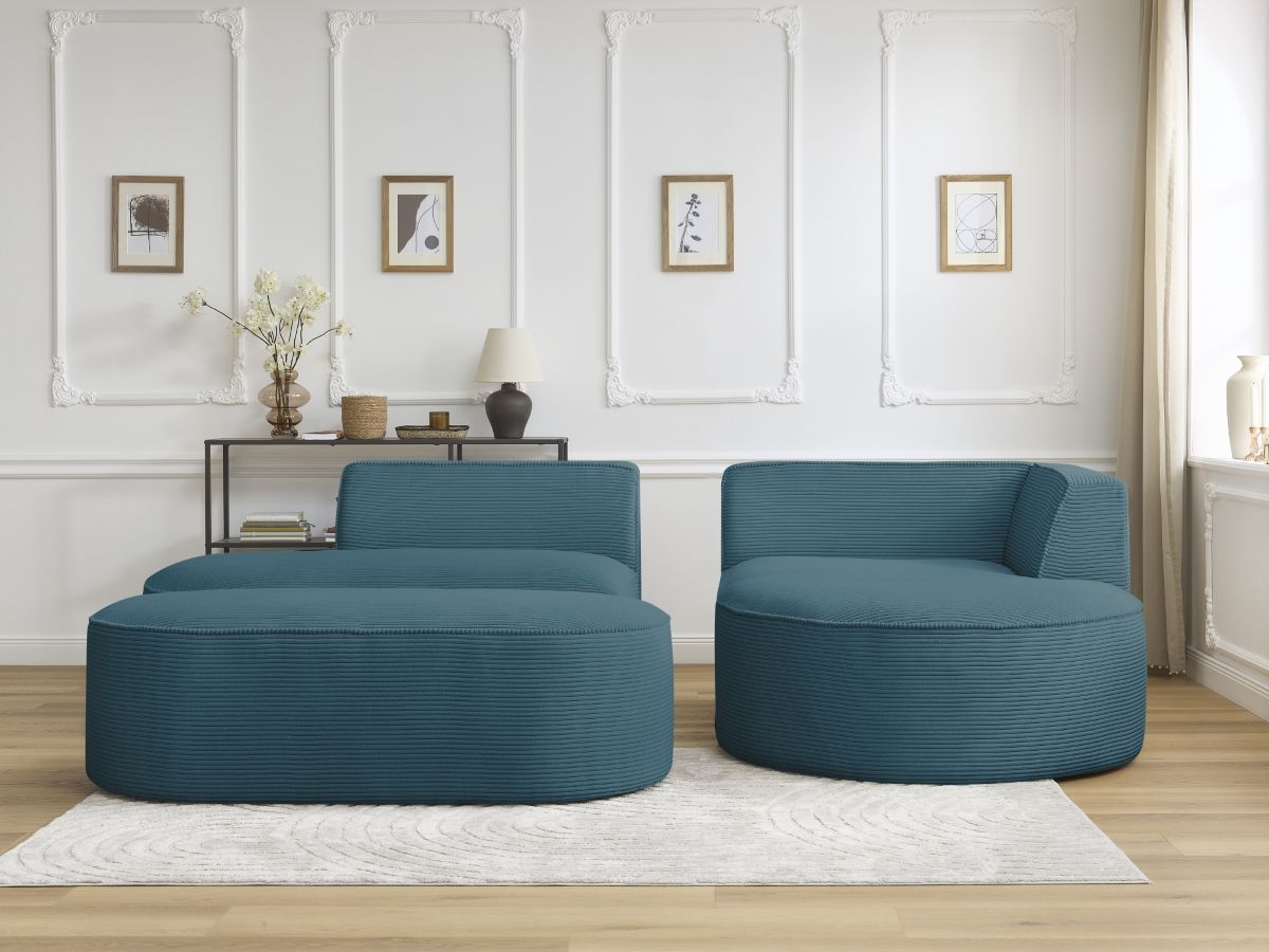 Bobochic Rousseau Ecksofa mit Pouf Cordsamt Dunkelblau Ecke rechts
