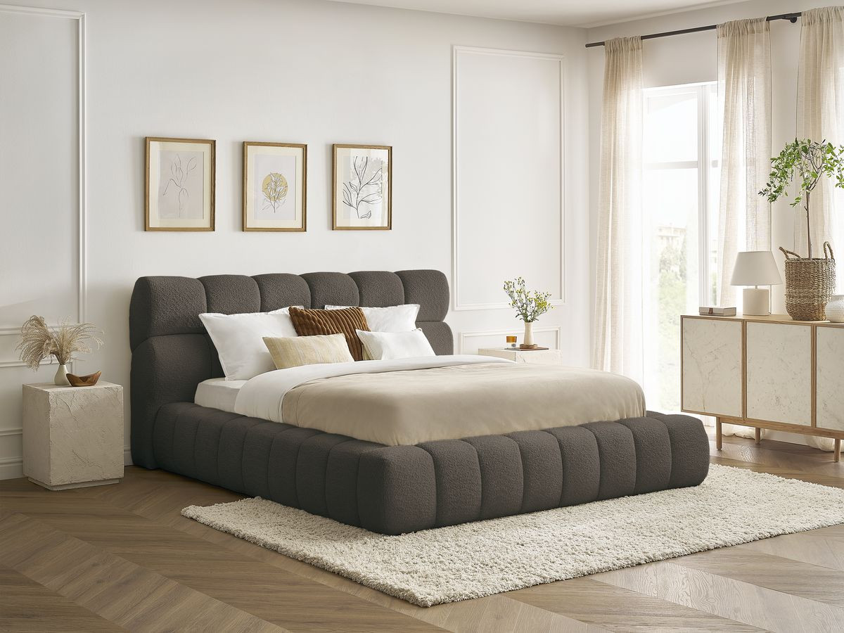 Bobochic Mont-blanc Polsterbett mit Bettkasten Bouclé-Stoff Braun, Liegefläche 140 × 190 cm