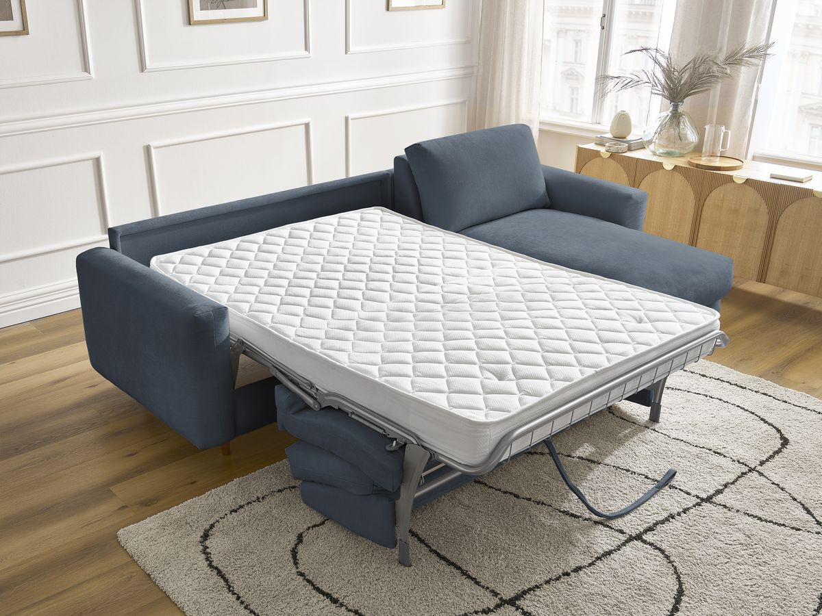 Bobochic Cocoone Ecksofa mit Schlaffunktion und Bettkasten Stoff Dunkelblau, Liegefläche 160 × 200 cm