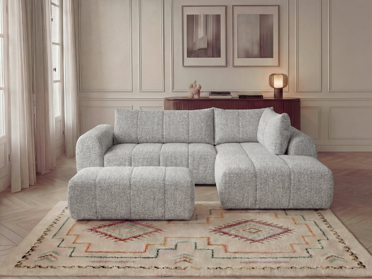 Bobochic Nesty Ecksofa in L-Form, 256 cm, mit Pouf Melange-Stoff Hellgrau Ecke rechts