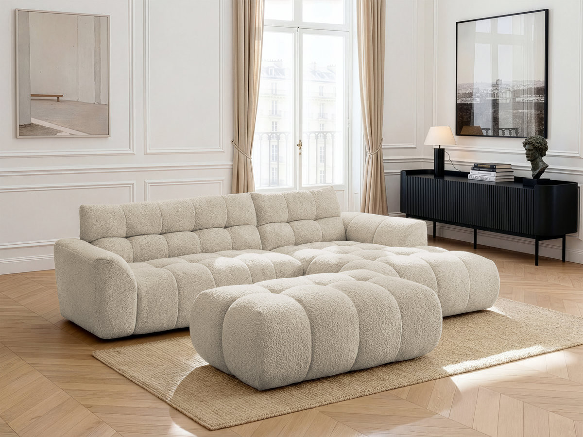 Bobochic Jaya Ecksofa mit Pouf Chenille Beige Ecke rechts