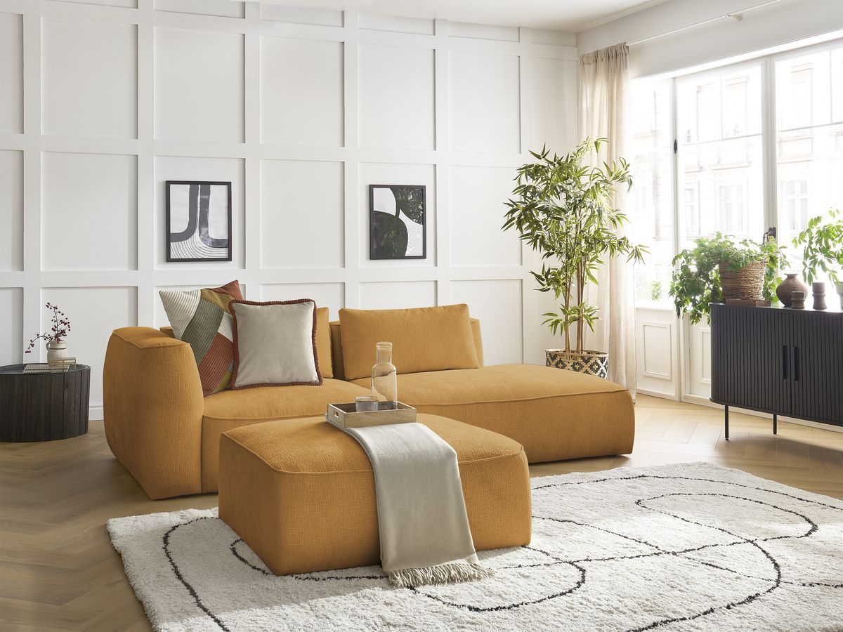 Bobochic Leopold Sofa 4-Sitzer mit Pouf Strukturstoff Gelb Armlehne links