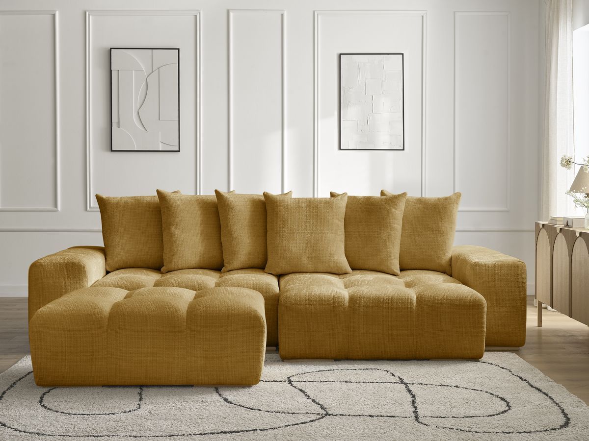 Bobochic Anakin Ecksofa mit Pouf, 6 Kissen Strukturstoff Gelb