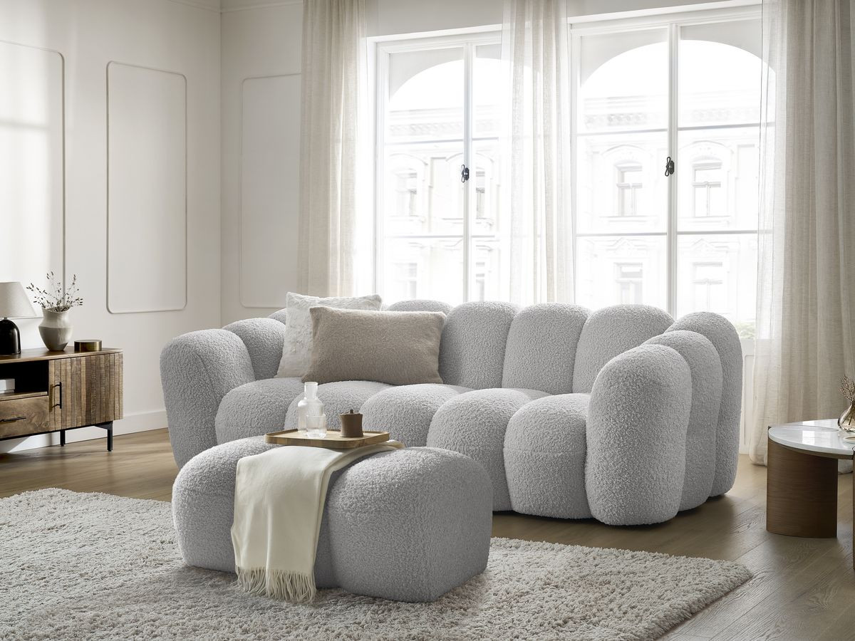 Bobochic Hippolyte Sofa 3-Sitzer mit Pouf Bouclé-Stoff Hellgrau