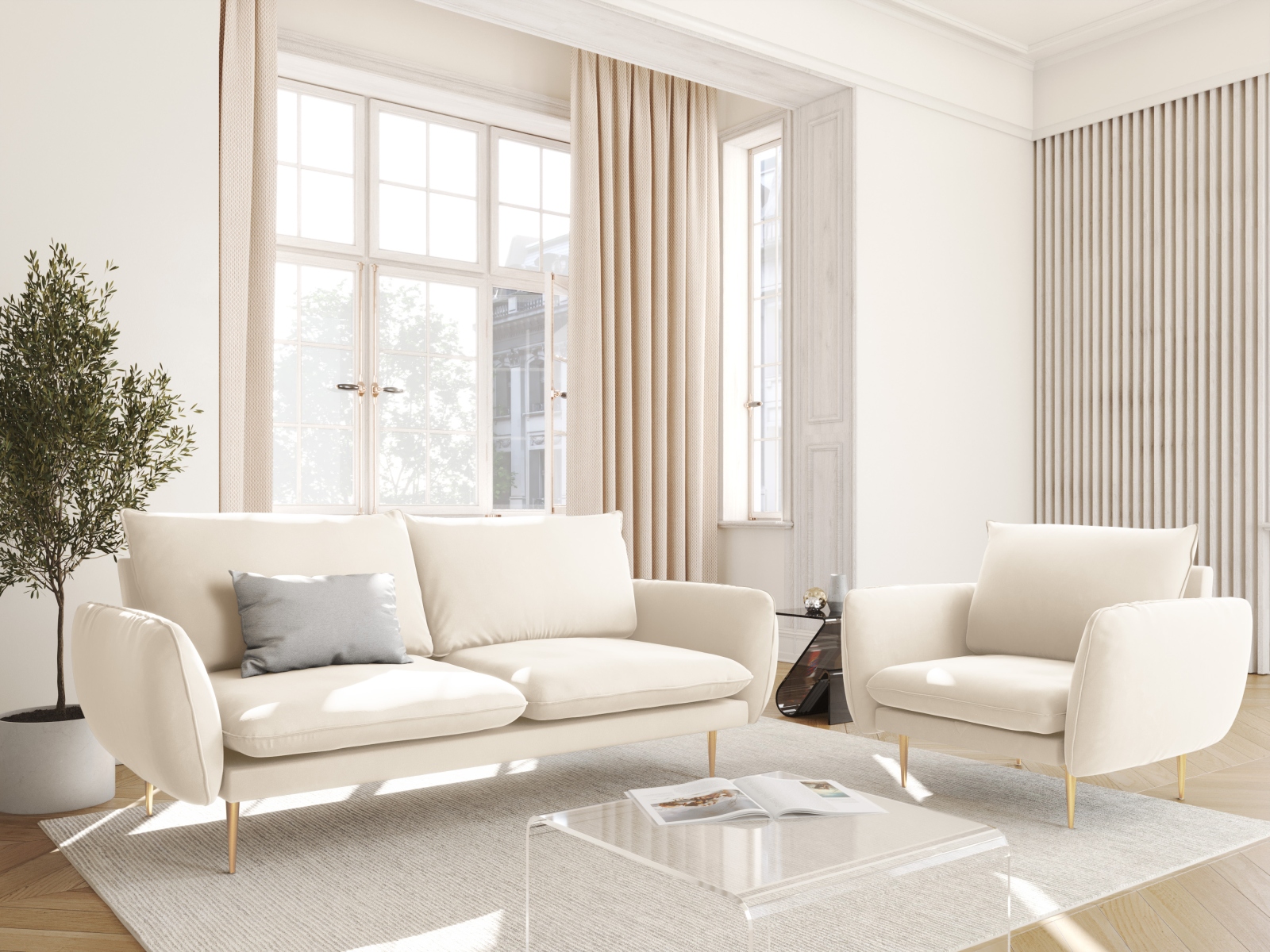 Cosmopolitan Design Sofa Vienna 2-Sitzer Samt Bluvel Helles Beige Beine Gold