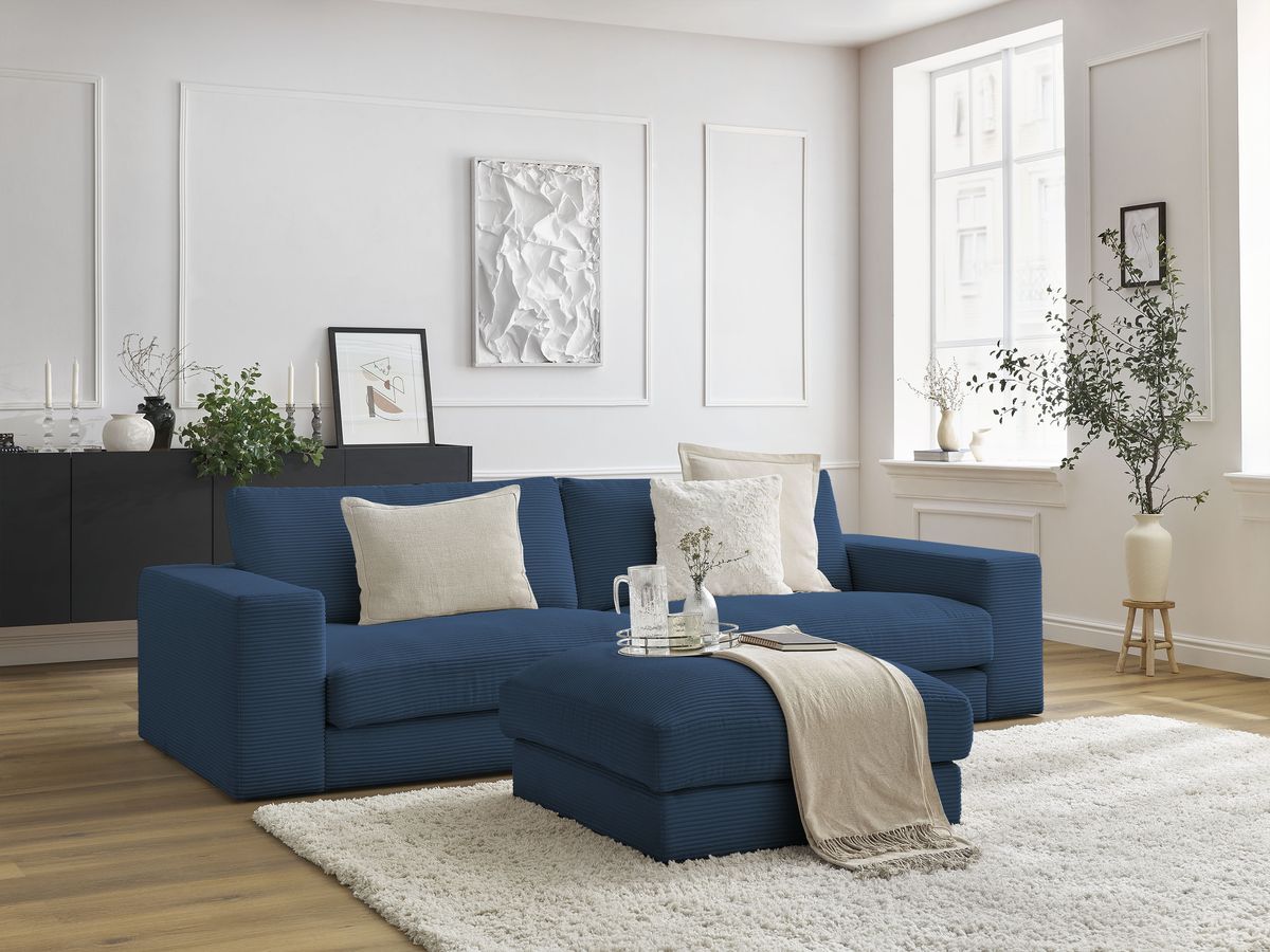 Bobochic Leonard Sofa 4-Sitzer mit Pouf 234 × 109 cm Cordsamt Dunkelblau