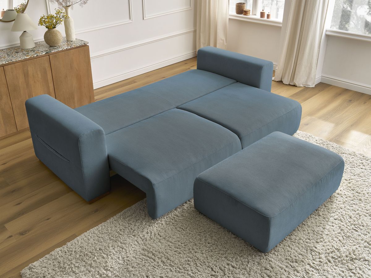Bobochic Sidonie Schlafsofa 4-Sitzer mit Bettkasten und Pouf Cordsamt Dunkelblau