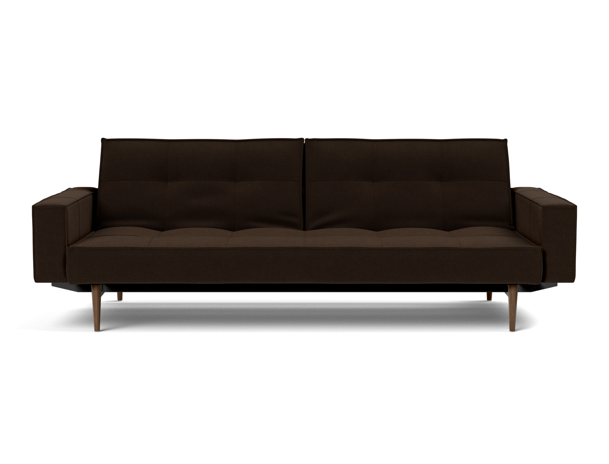 Schlafsofa Splitback mit Armlehnen Strukturierter Stoff Taura 358-Chocco Beine Styletto Eiche dunkel