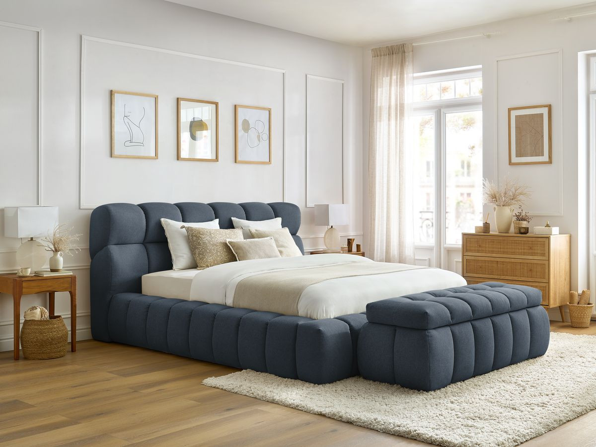 Bobochic Mont-blanc Polsterbett mit Bettkasten mit Bettbank Stoff Dunkelblau, Liegefläche 180 × 200 cm