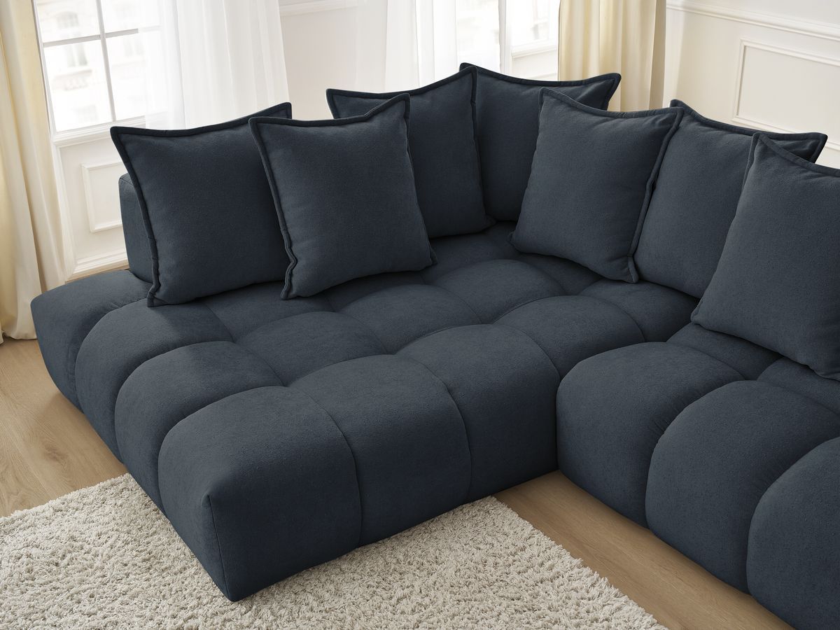 Bobochic Everest Ecksofa, 10 Kissen Strukturstoff Dunkelblau Ecke links