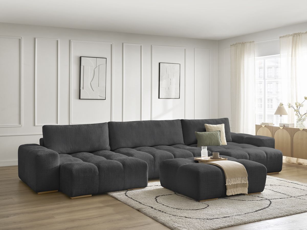 Bobochic Anakin Wohnlandschaft mit Pouf, 3 Kissen Strukturstoff Schwarz