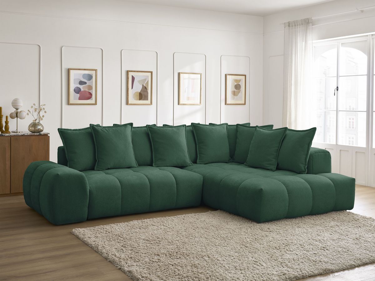 Bobochic Everest Ecksofa mit Schlaffunktion und Bettkasten 320 × 212 cm, 10 Kissen Strukturstoff Grün Ecke rechts