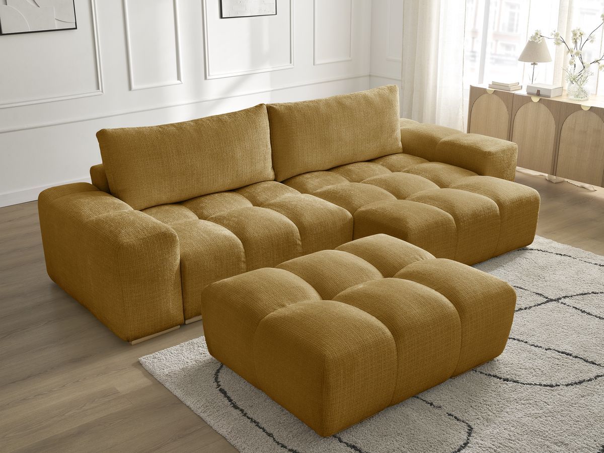 Bobochic Anakin Ecksofa mit Pouf, 2 Kissen Strukturstoff Gelb