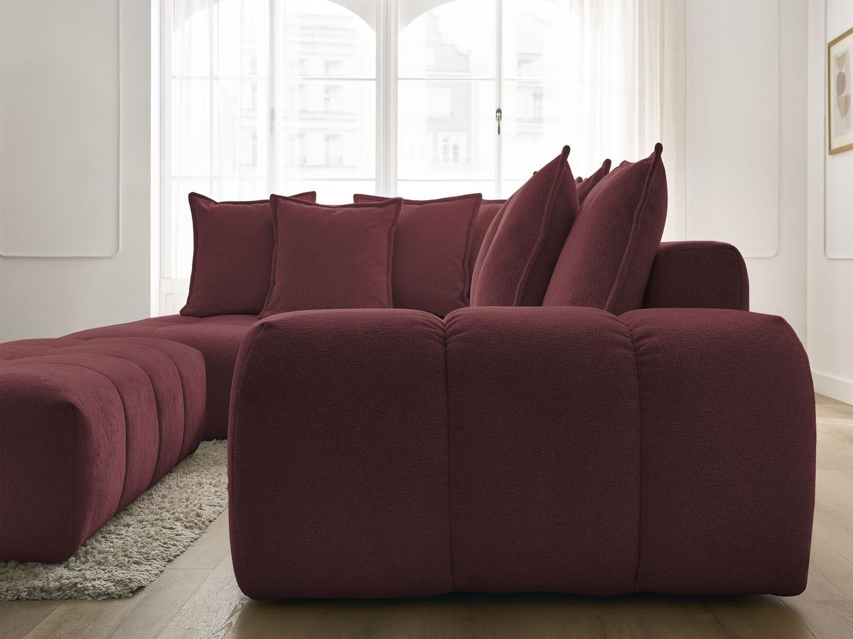 Bobochic Everest Ecksofa mit Schlaffunktion und Bettkasten und Pouf 320 × 212 cm, 10 Kissen Melange-Stoff Rot Ecke links