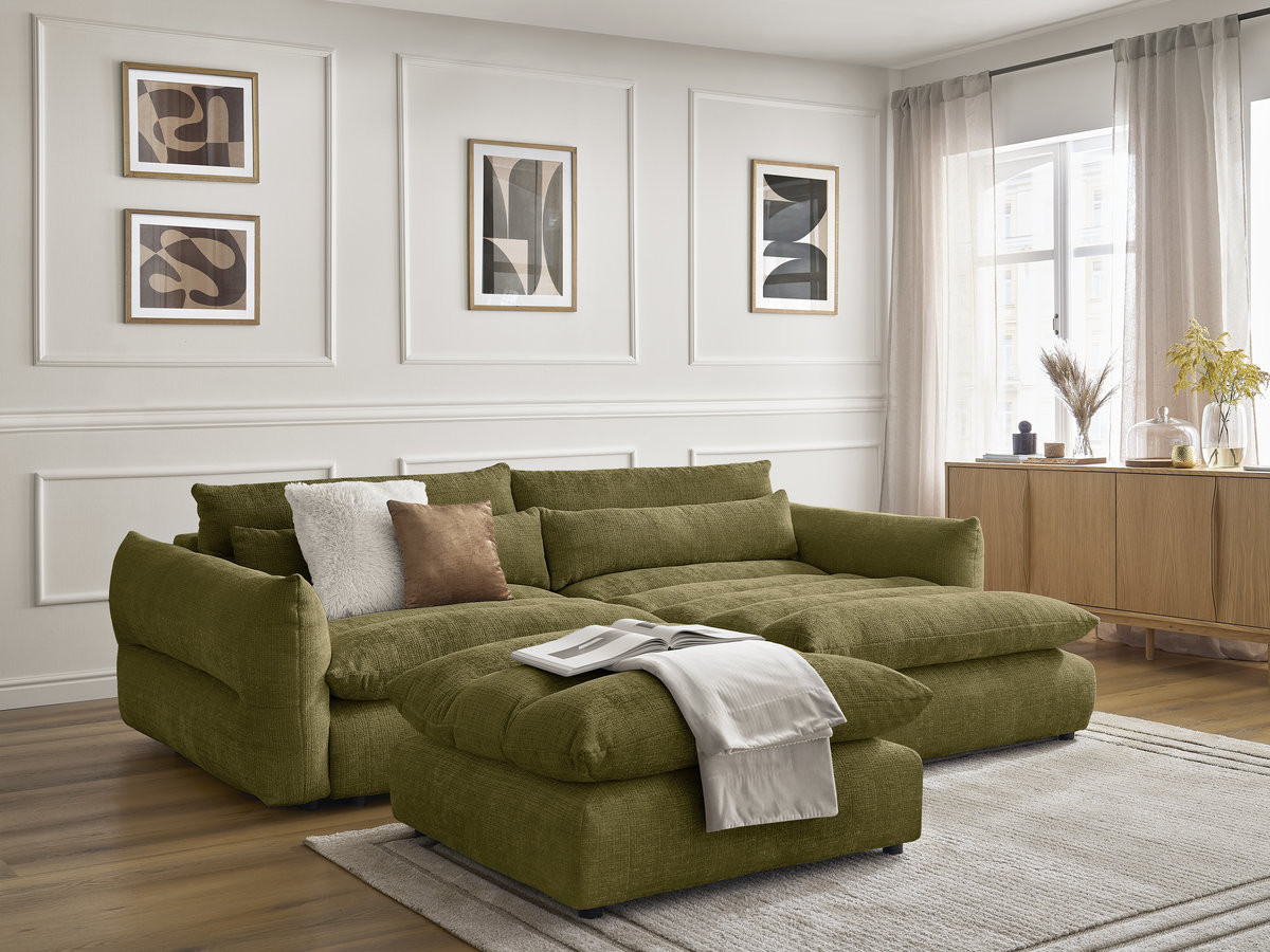 Bobochic Neil Ecksofa mit Pouf Strukturstoff Grün Ecke rechts