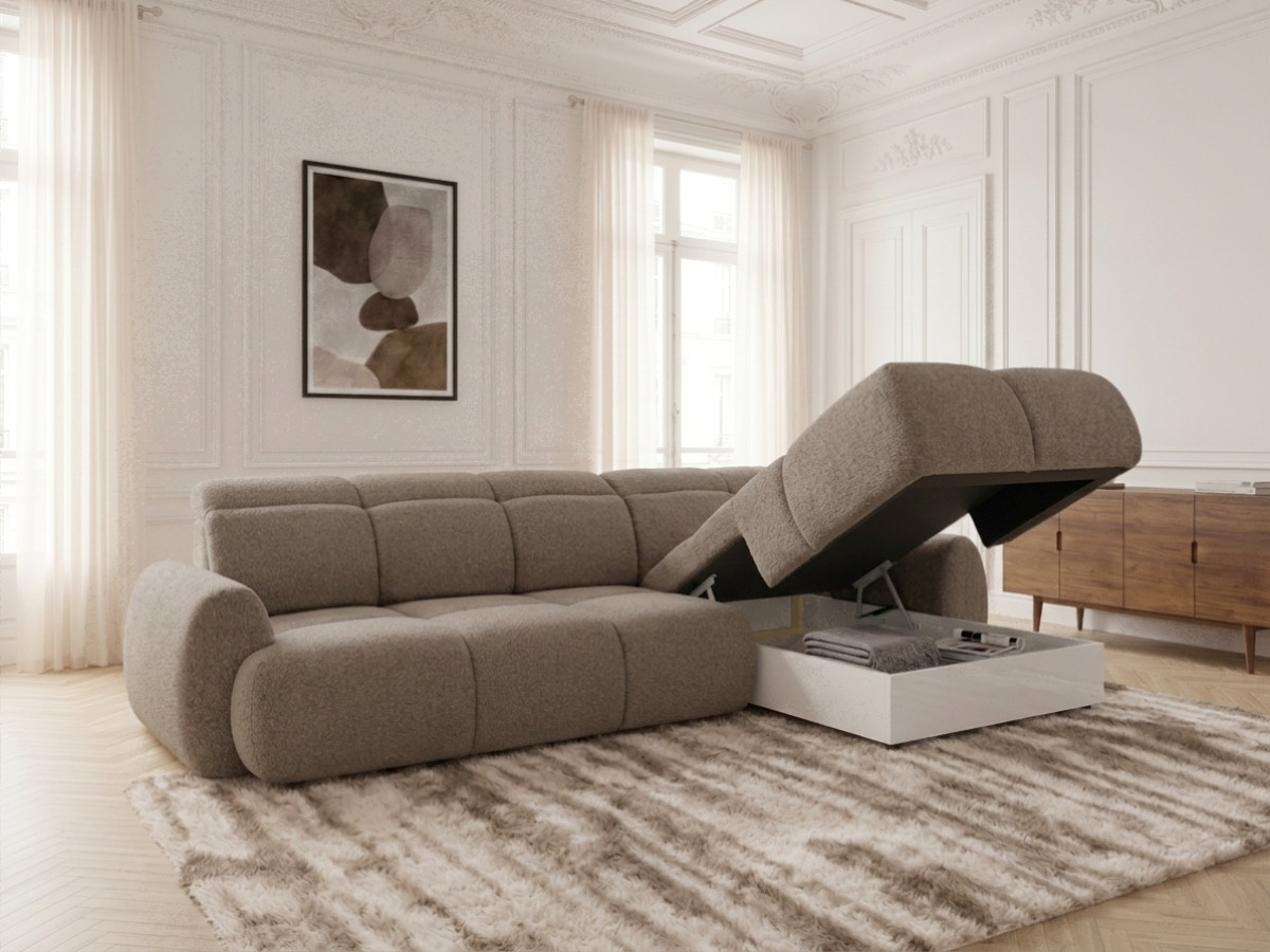 Bobochic Ruby Ecksofa mit Schlaffunktion und Bettkasten Chenille Braun Ecke rechts