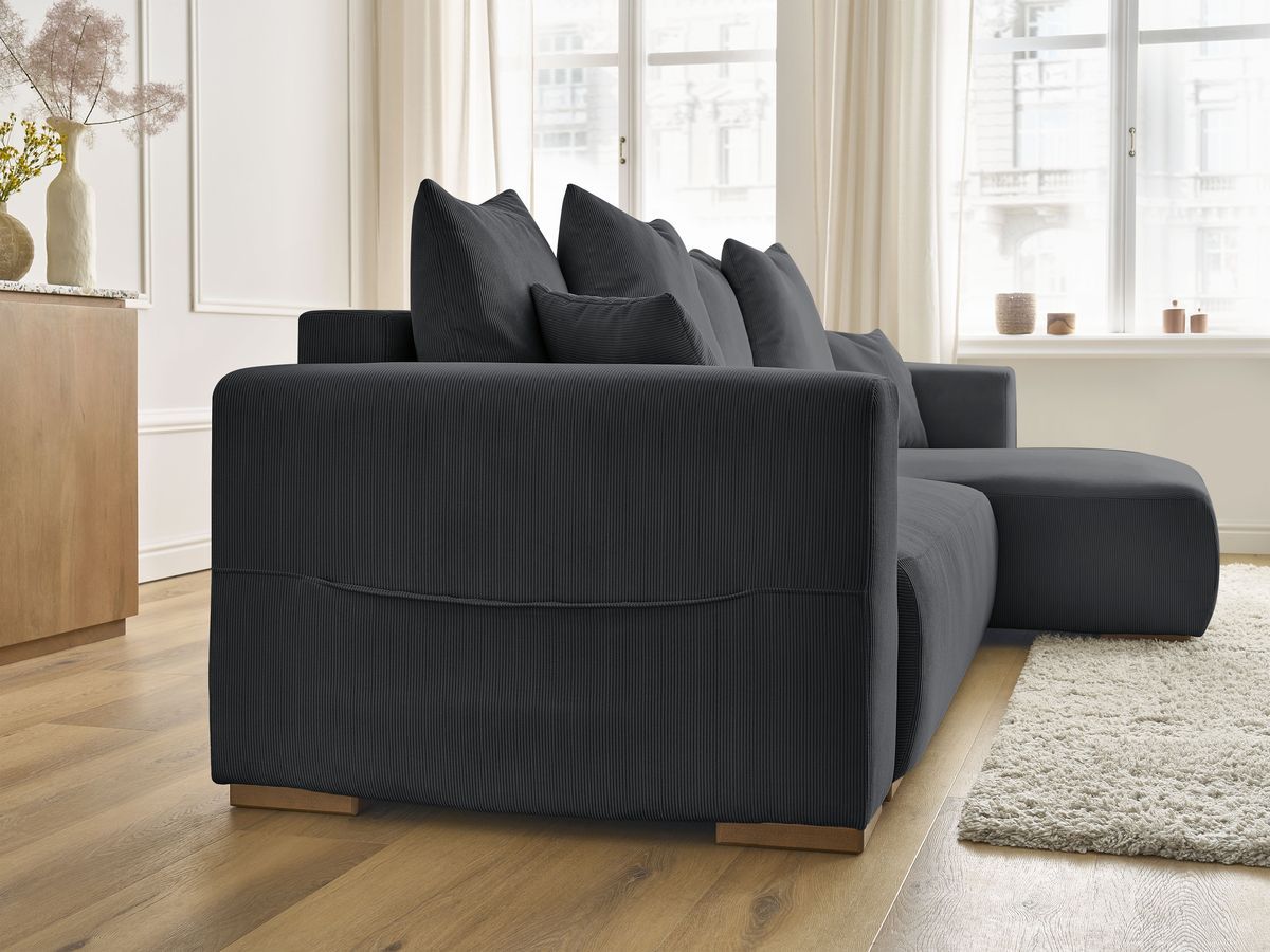 Bobochic Sidonie Ecksofa mit Schlaffunktion und Bettkasten Cordsamt Schwarz