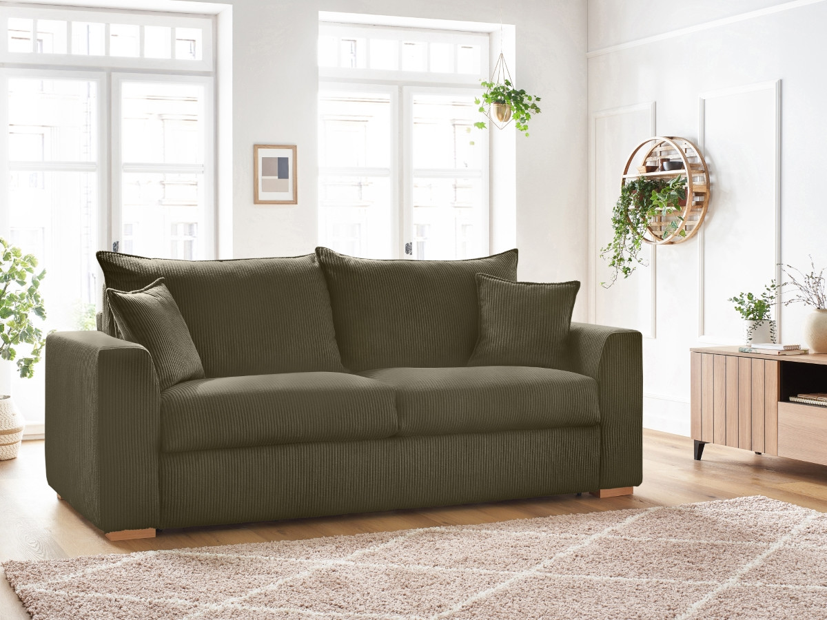 Bobochic Augustin Schlafsofa 3-Sitzer Cordsamt Hellgrün, Liegefläche 140 × 200 cm