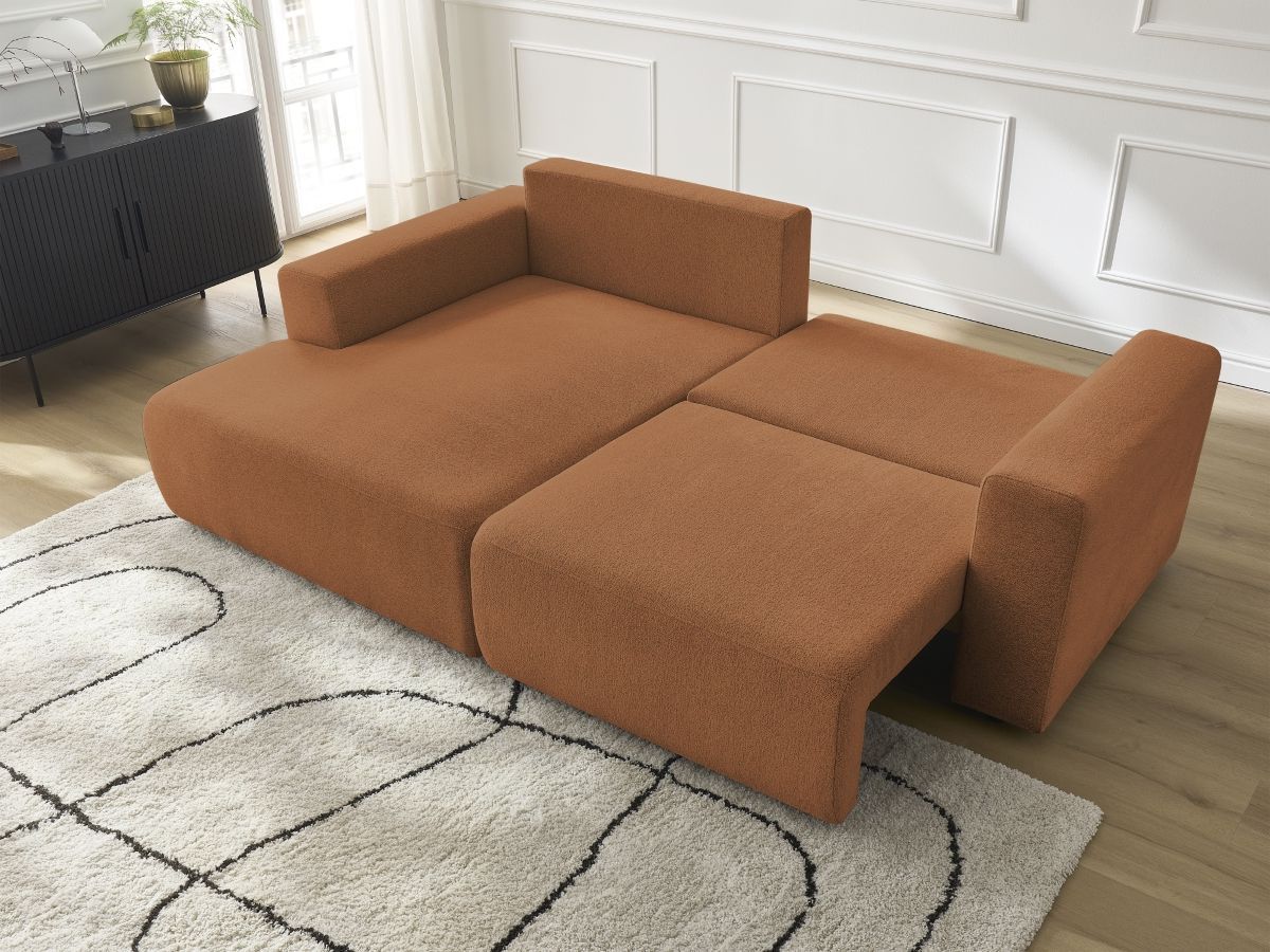 Bobochic Atilla Ecksofa mit Schlaffunktion und Bettkasten Melange-Stoff Orange Ecke links