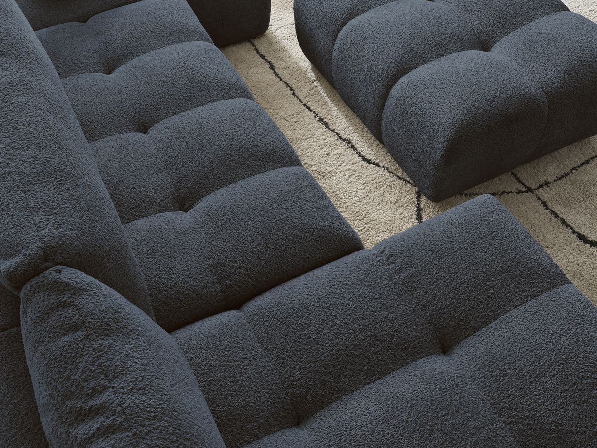 Bobochic Anakin Wohnlandschaft mit Pouf, 3 Kissen Bouclé-Stoff Dunkelblau