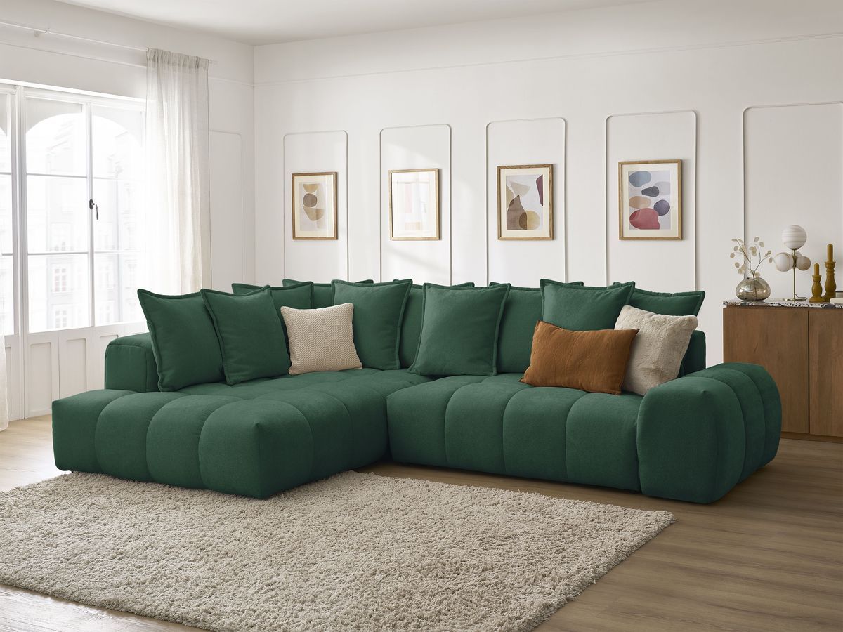 Bobochic Everest Ecksofa mit Schlaffunktion und Bettkasten 320 × 212 cm, 10 Kissen Strukturstoff Grün Ecke links