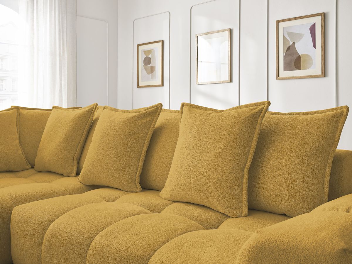 Bobochic Everest Ecksofa mit Schlaffunktion und Bettkasten 320 × 212 cm, 10 Kissen Melange-Stoff Gelb Ecke links
