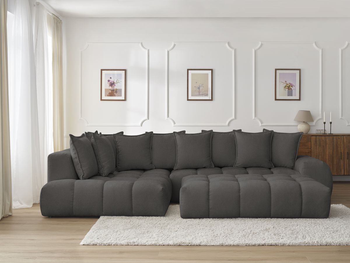 Bobochic Everest Ecksofa mit Schlaffunktion und Pouf, 10 Kissen Strukturstoff Dunkelgrau Ecke links