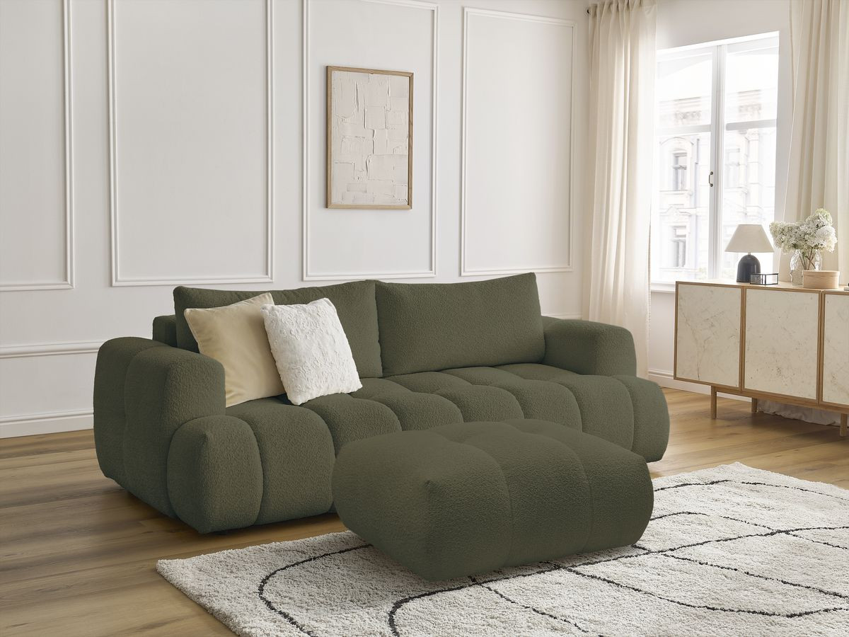 Bobochic Fuji Schlafsofa 3-Sitzer mit Bettkasten und Pouf Bouclé-Stoff Grün