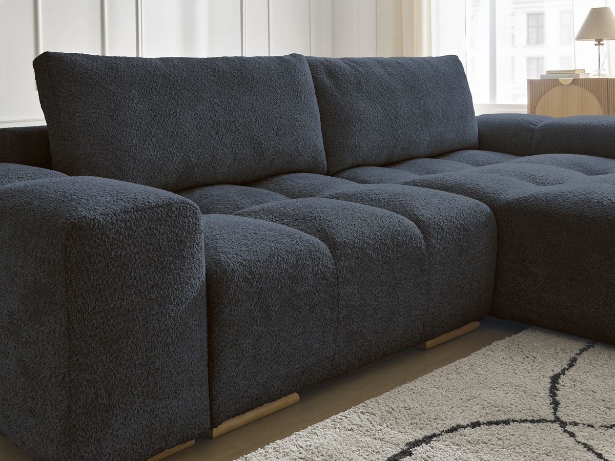 Bobochic Anakin Ecksofa mit Schlaffunktion und Bettkasten, 2 Kissen Bouclé-Stoff Dunkelblau